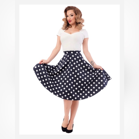 Navy and White Polka Dot Midi Full Circle Skirt - Picture 2 of 4